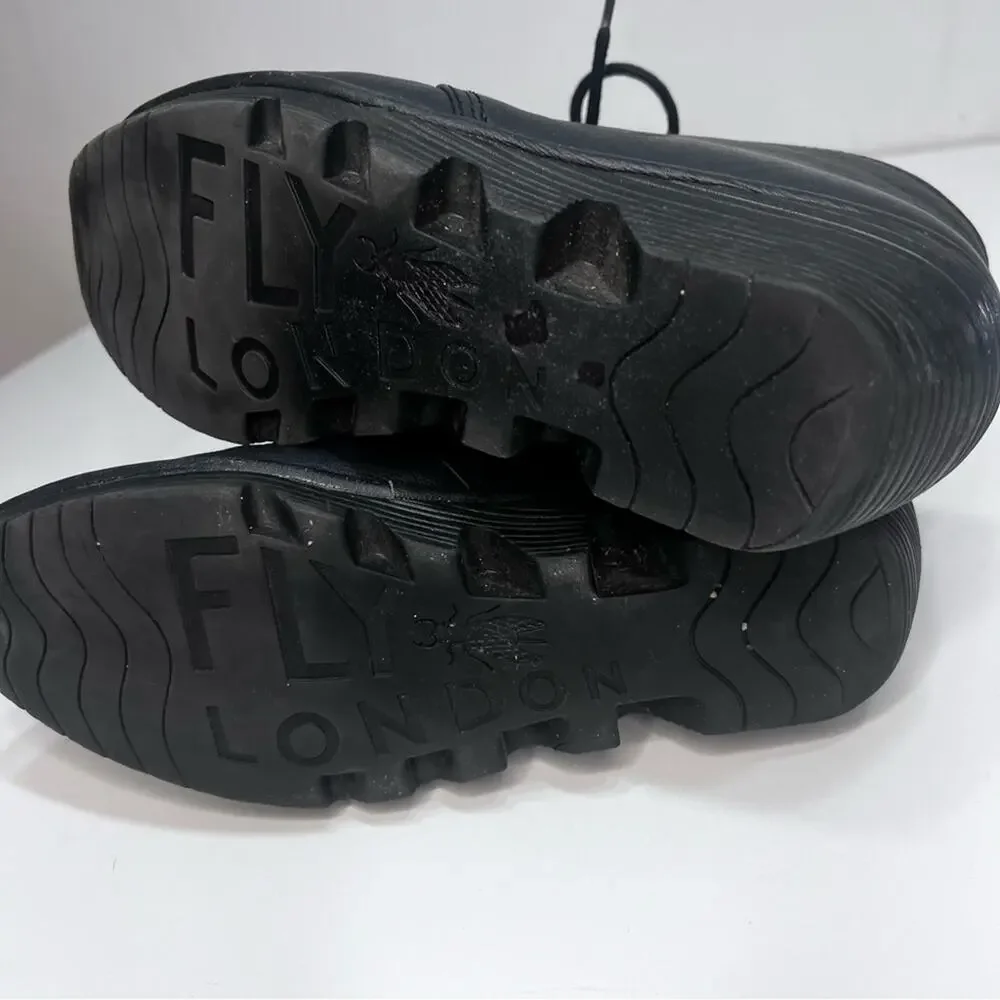 Fly London Black Leather Ankle Booties Lace-Up Wedge Heel EU 39 US 8-8.5